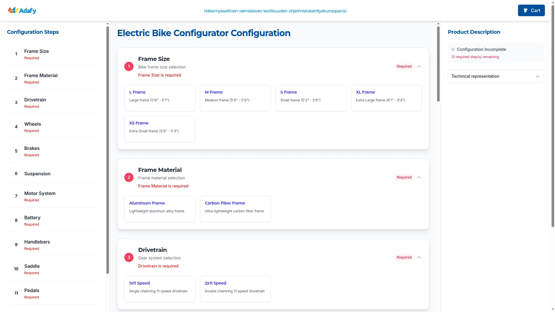 Adafy CPQ tuotekonfiguraattori myyjän näkymä