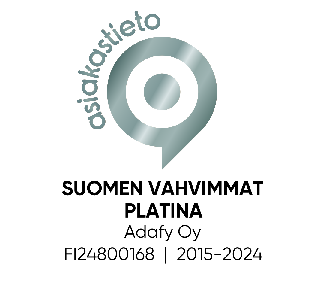 Adafy on saanut Asiakastiedon Suomen Vahvimmat Platina -sertifikaatin. Suomen Asiakastieto Oy on analysoinut yrityksemme taloudelliset…